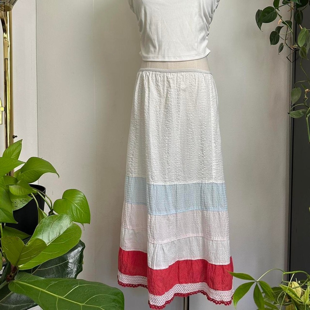 Vintage 1950s Seersucker Slip Skirt White Pink Blue Red Lace Trim XS S